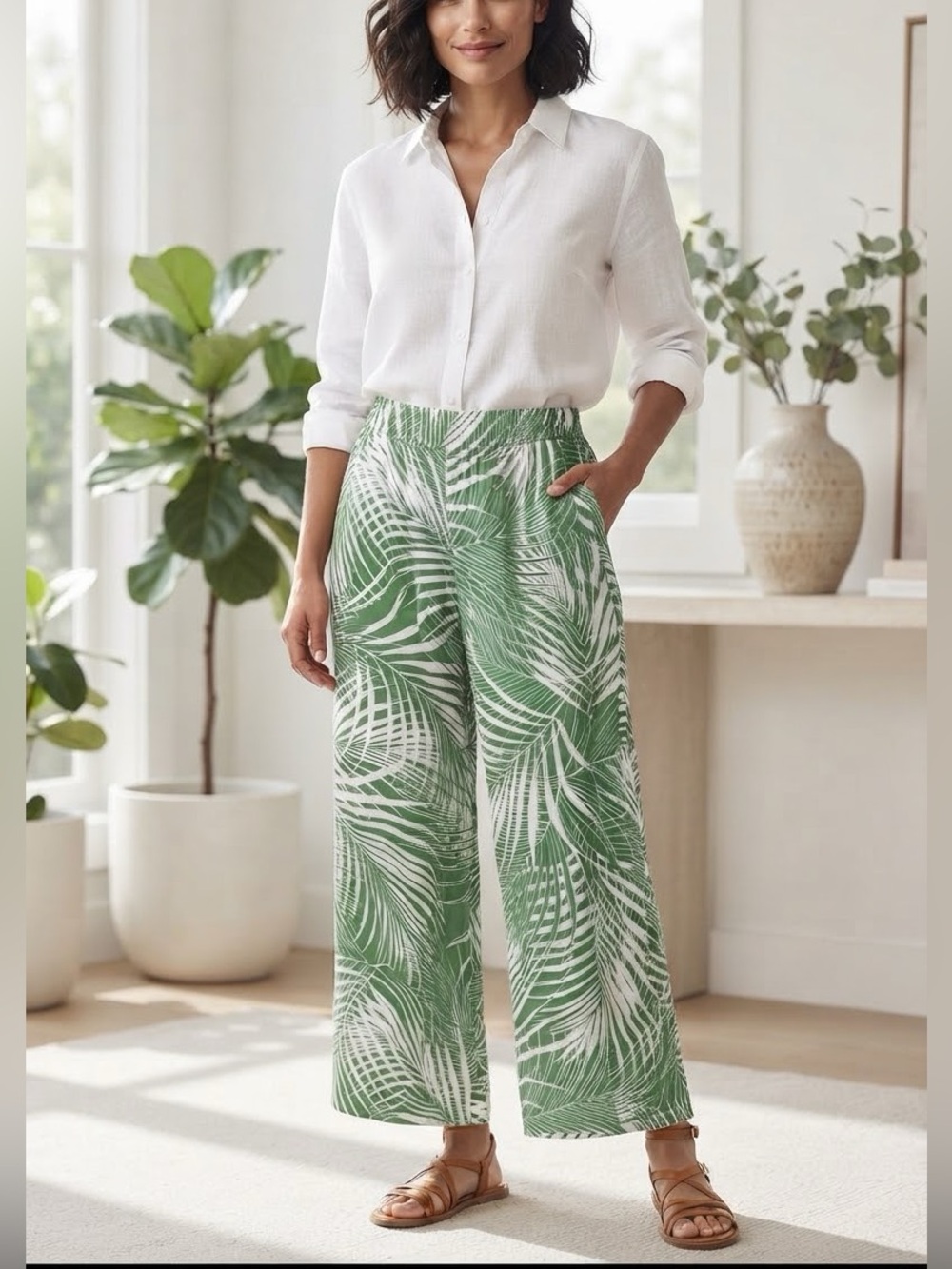 Panama Jack Tropical Palm Leaf Linen Wide Leg Pants Green White Beach Resort M